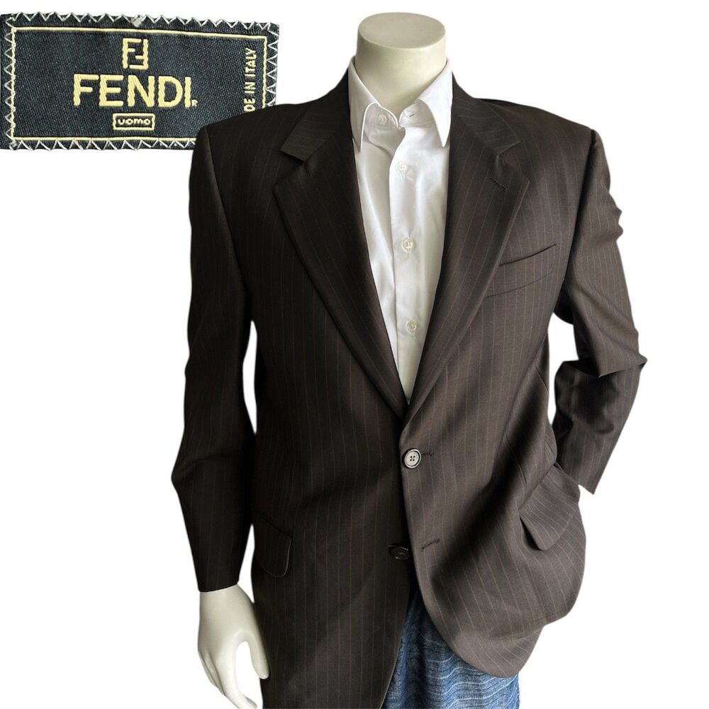 FENDI Men 42R Blazer Designer Pinstriped Super 100sWool Tailored Suit Jacket Vtg